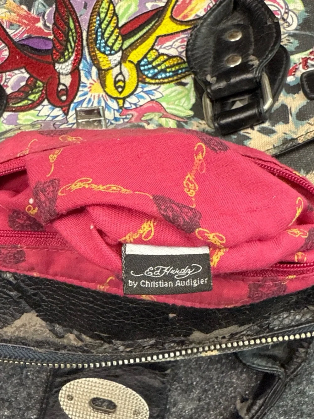 Ed Hardy Y2K Vintage Black Trim Multicolor Embroidered Bird Satchel